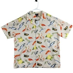 Coastal Seafood Print Button Down Forever 21 Shirt Mens XL Cream Resortwear